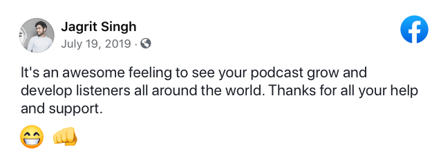 Facebook comment on the helpful assistance Buzzsprout provides to grow podcast
