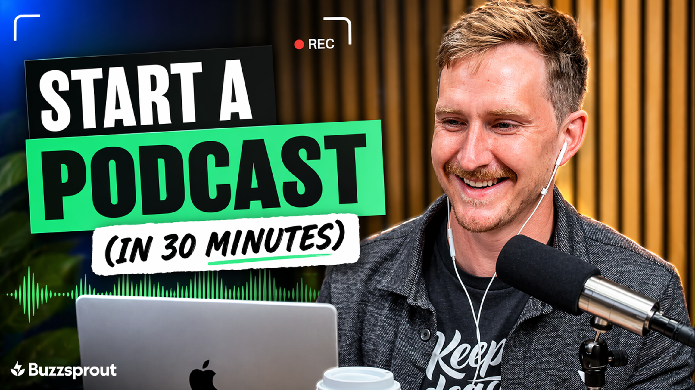 Podcaster showing podcast equipment