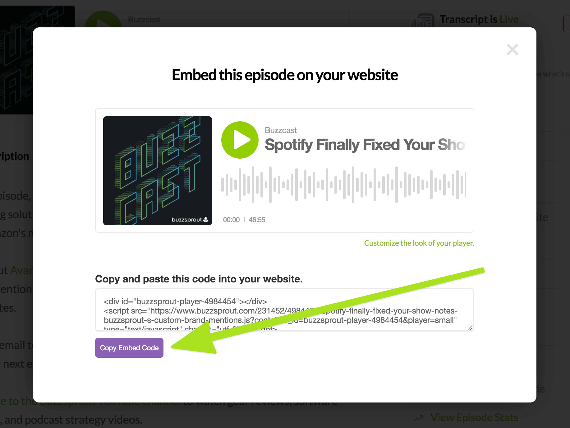 Spotify podcast screenshot explaining how to embed an episode with a green arrow pointing to a purple button that says copy embed code
